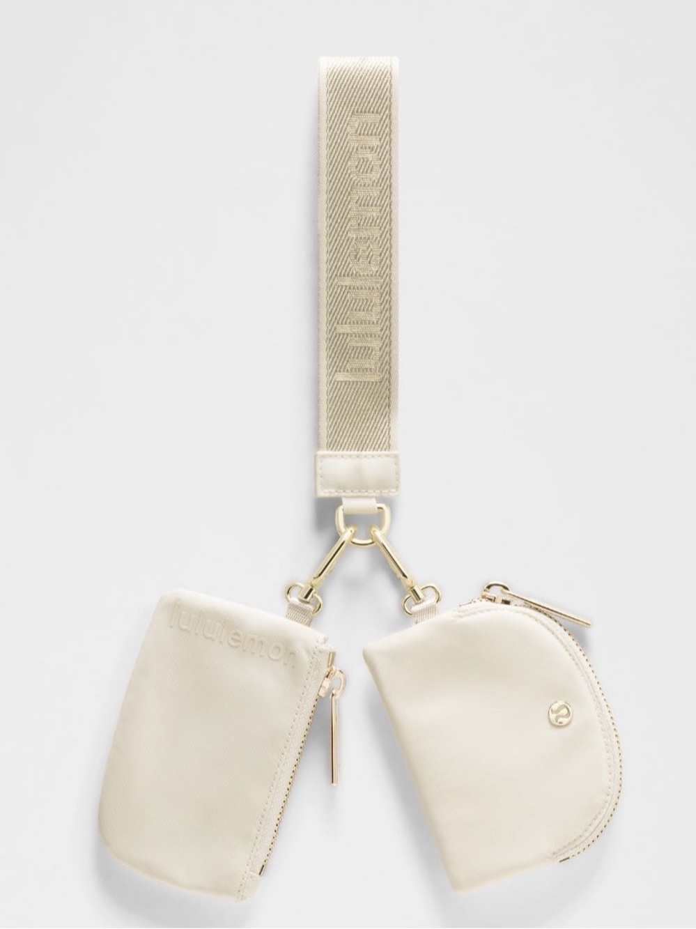 Lululemon Dual Pouch Wristlet Metallic Wordmark Faint Light Ivory & Gold